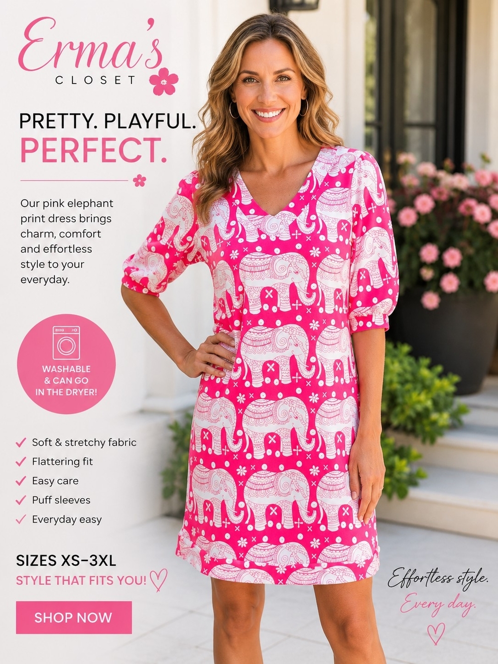 Erma's Closet Pink Elephant Print V-Neck Dress